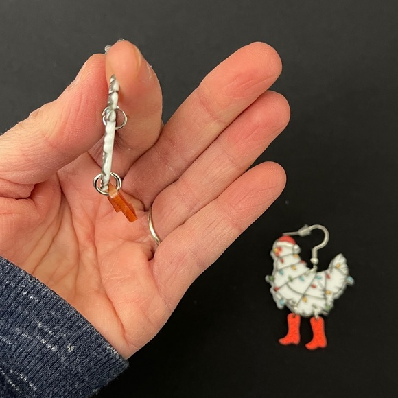 Tangled Christmas Lights Boot Wearing Hen Dangle Earrings - Red Boots - Picture 7 of 9